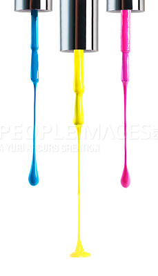 Buy stock photo Neon, color and drip for product, nail art and cosmetic with white backdrop for manicure, beauty and paint. Bold and outstanding for liquid or acrylic for pedicure, gel and vibrant for shine