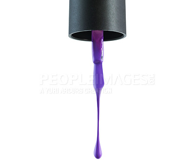 Buy stock photo Nail polish, purple and drop drip in studio for manicure or pedicure, art or design and liquid application for beauty. Closeup, cosmetic product and brush for color or coating on white background.
