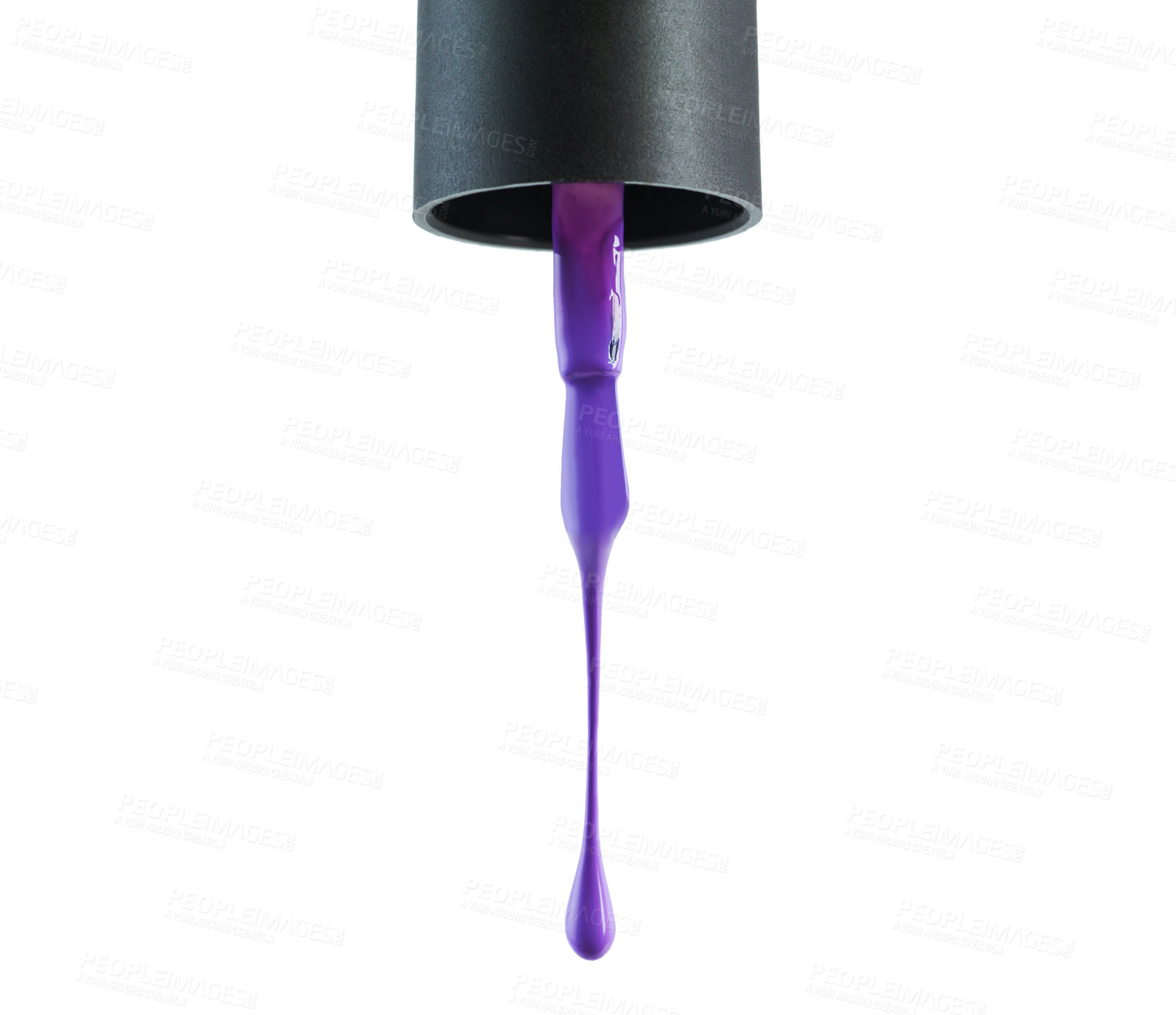 Buy stock photo Nail polish, purple and drop drip in studio for manicure or pedicure, art or design and liquid application for beauty. Closeup, cosmetic product and brush for color or coating on white background.