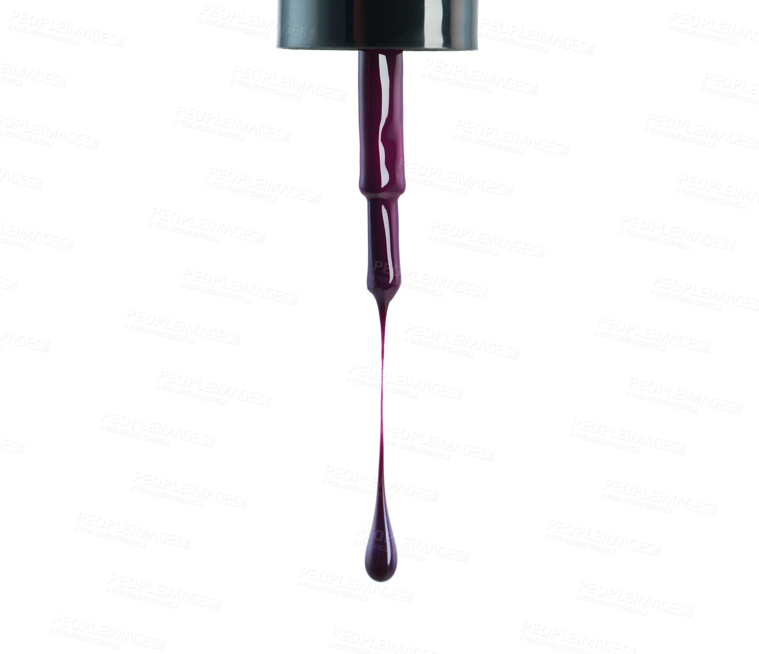 Buy stock photo Nail polish, violet and drop drip in studio for manicure or pedicure, art or design and liquid application for beauty. Closeup, cosmetic product and brush for color or coating on white background.