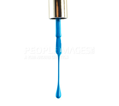 Buy stock photo Nail polish, blue and drop drip in studio for manicure or pedicure, art or design and application for hands and feet. Closeup, cosmetic product and brush for color or coating for beauty and fashion.