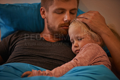 Buy stock photo Girl child, bed or father sleeping for calm peace or dream to relax in a family home with support or love. Dad, hug and tired single parent on break in bedroom nap for resting at night in a house