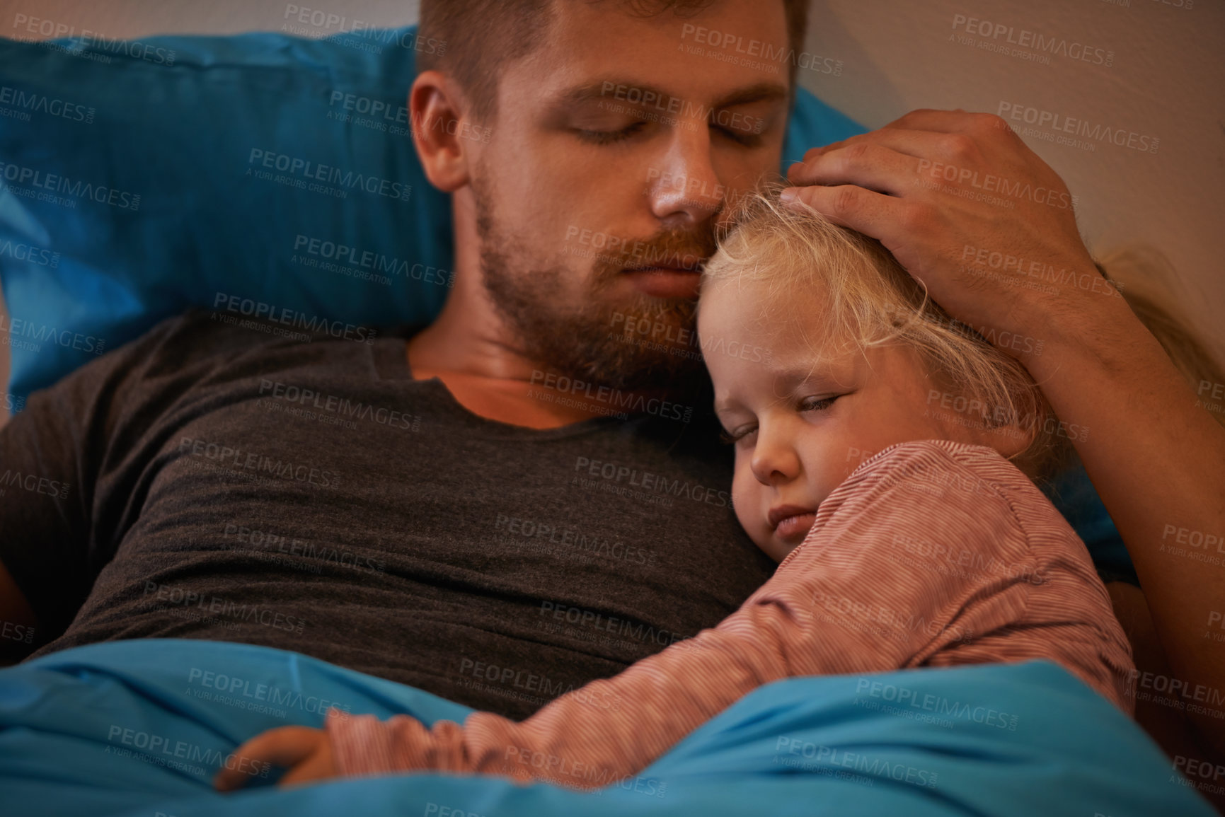 Buy stock photo Girl child, bed or father sleeping for calm peace or dream to relax in a family home with support or love. Dad, hug and tired single parent on break in bedroom nap for resting at night in a house
