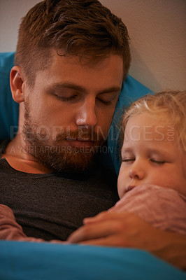 Buy stock photo Girl child, bed or dad sleeping for calm peace or dream to relax in a family home with support or love. Father, hug and tired single parent on break in bedroom nap for resting at night in a house