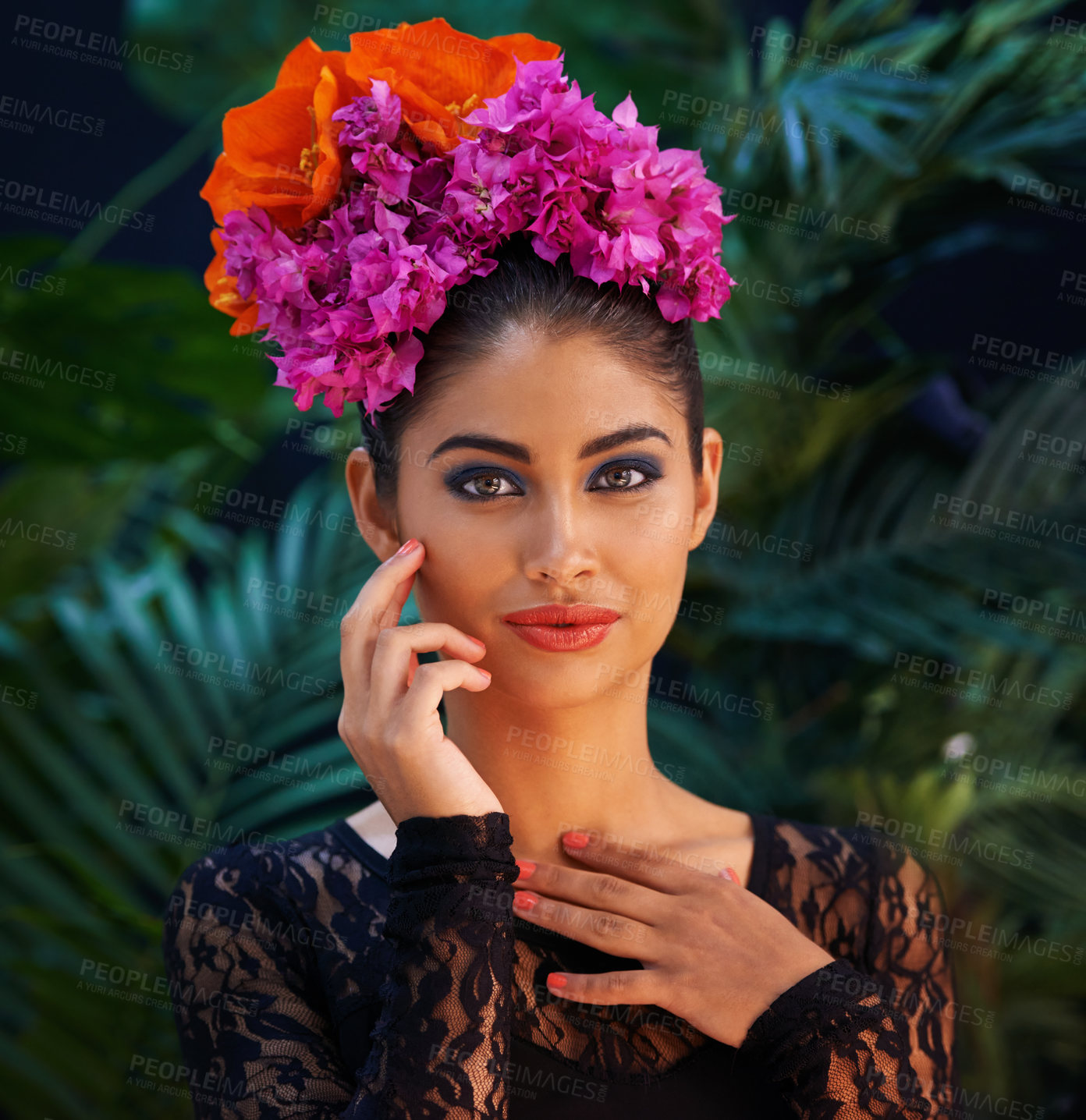 Buy stock photo Portrait of an exotic beauty in tropical surroundings
