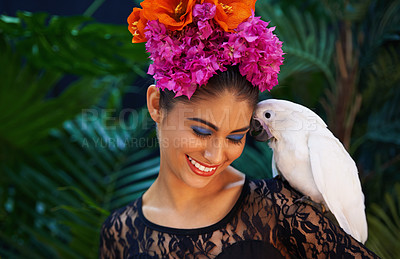 Buy stock photo Jungle, parrot or woman with flowers for beauty, natural cosmetics or wellness in nature aesthetic. Happy, Indian person or model with eco friendly skincare, bird or spring dermatology floral art 