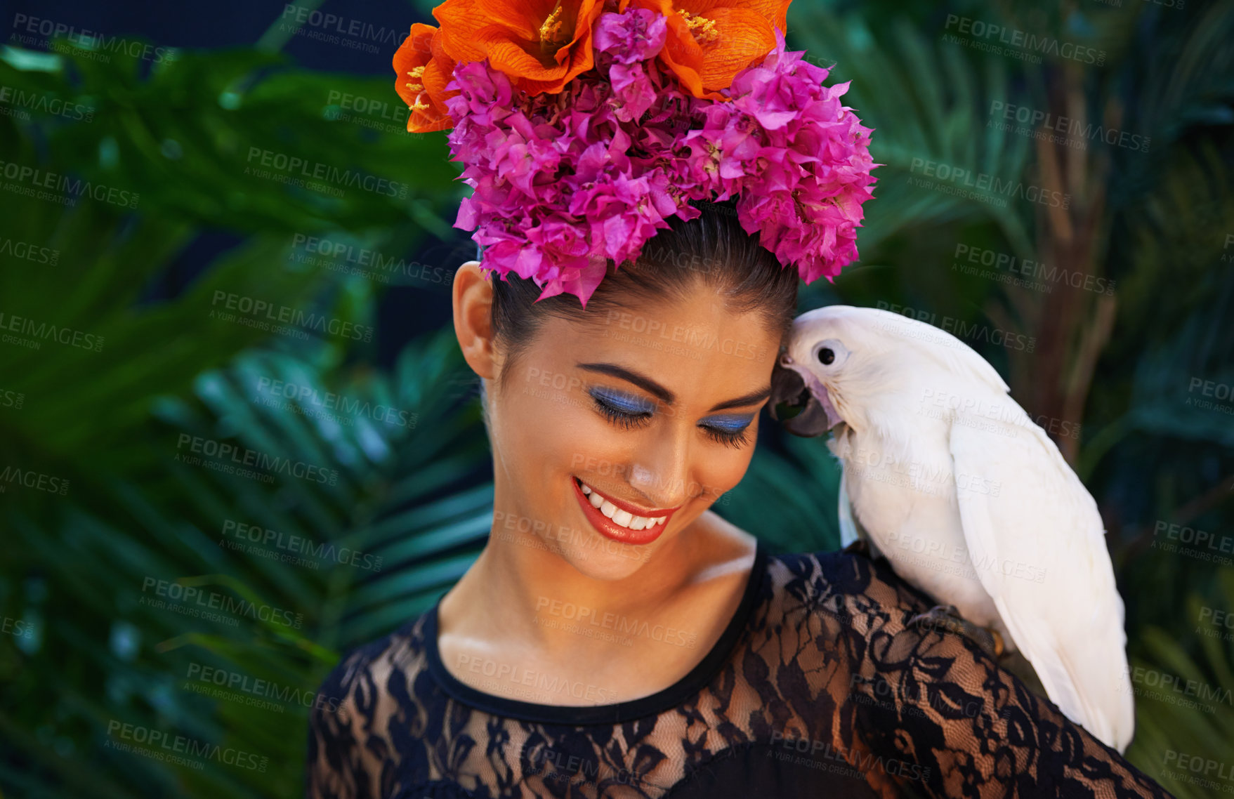 Buy stock photo Jungle, parrot or woman with flowers for beauty, natural cosmetics or wellness in nature aesthetic. Happy, Indian person or model with eco friendly skincare, bird or spring dermatology floral art 