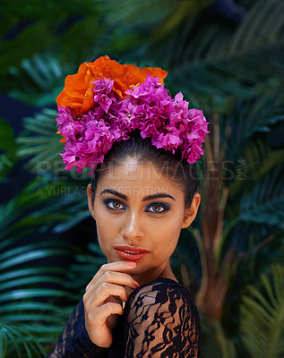 Buy stock photo A portrait of a beautiful woman wearing a colorful headdress