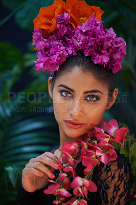 Buy stock photo A portrait of a beautiful woman wearing colorful flowers