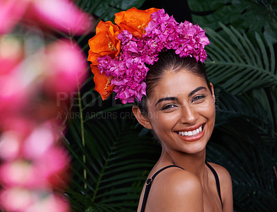 Buy stock photo Portrait, smile and woman with flower crown for beauty, organic skincare and dermatology in tropical jungle. Exotic, nature and Spanish person with happiness for sustainable, cosmetics and wellness