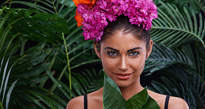 Buy stock photo Leaf, portrait or woman with flowers for beauty, makeup and wellness in nature, rainforest or jungle. Crown, Indian person or face of model with eco friendly skincare, plants or spring floral art