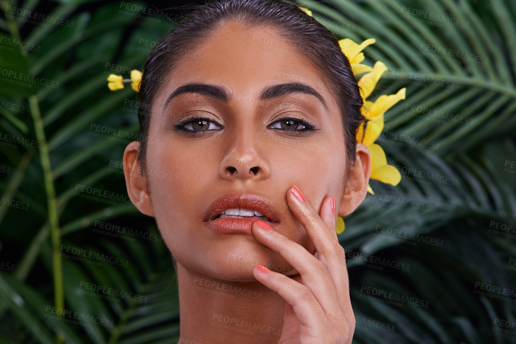 Buy stock photo Crown, portrait or woman with flowers for natural beauty, makeup or wellness in nature or jungle. Color, Indian person or face of model with at eco friendly skincare, plants or spring floral art 