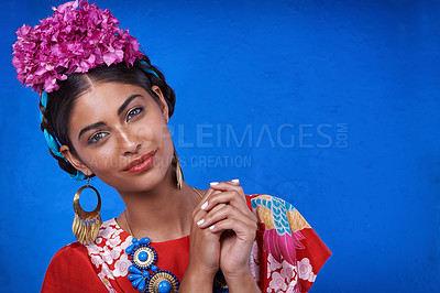 Buy stock photo Beauty, cosmetics and portrait of woman with makeup in blue background of studio with shine and glow of skin. Happy, girl and smile of female person with results of face routine for aesthetic