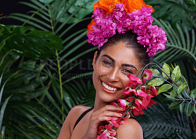 Buy stock photo Happy, portrait or woman with flowers for natural beauty, makeup and wellness in nature or jungle. Color, Indian person or face of model with eco friendly skincare, smile or plants for floral art
