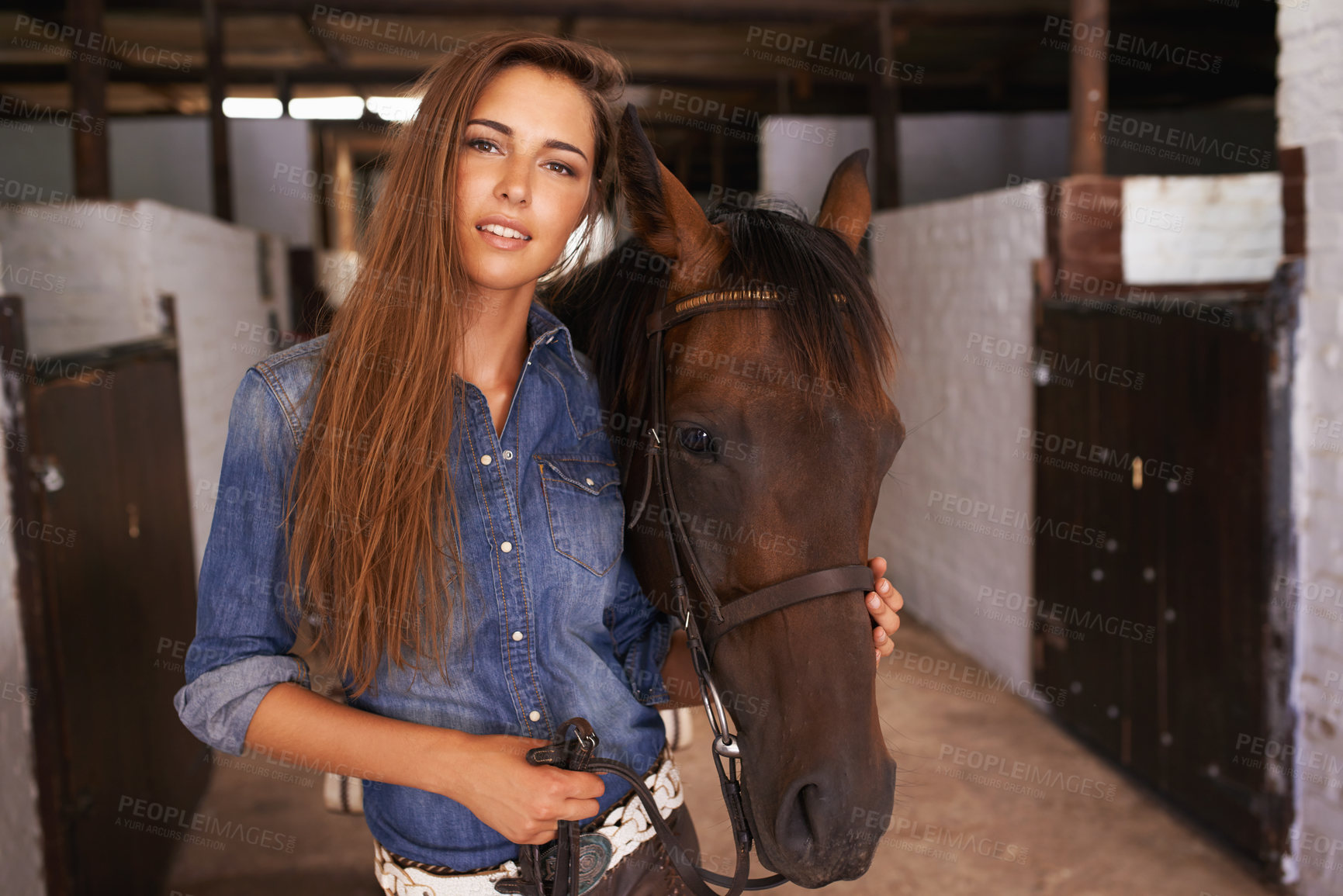 Buy stock photo Cowgirl, portrait and woman with horse at barn or stable in Texas for recreation. Western, animal and face of person at ranch with pet, livestock or stallion for hobby with care at equestrian farm