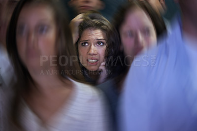 Buy stock photo Woman, crowd and social anxiety in stress with fear, worried and panic with nervous, overthinking and phobia. Trapped, female person and scared as introvert in conference with people and insecure