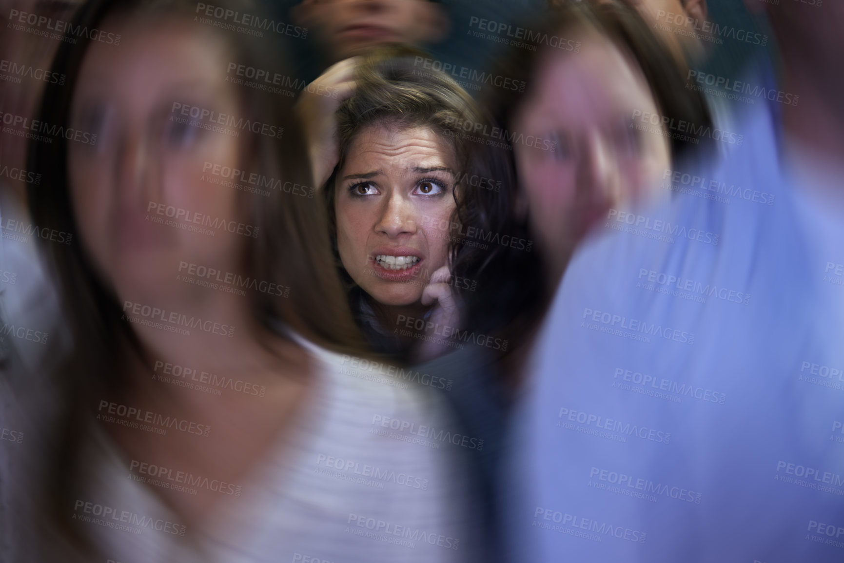Buy stock photo Woman, crowd and social anxiety in stress with fear, worried and panic with nervous, overthinking and phobia. Trapped, female person and scared as introvert in conference with people and insecure