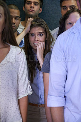 Buy stock photo Woman, people and social anxiety in stress with fear, worried and panic with nervous, overthinking and phobia. Fear, female person and scared as introvert with frustration in crowd and insecure