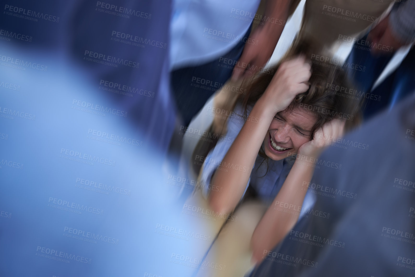 Buy stock photo Fear, woman and crowd for mental health, depression and phobia outdoor in public for panic, stress and anxiety with suicide thought. Young person and scream with bully for cry and helpless frustrated