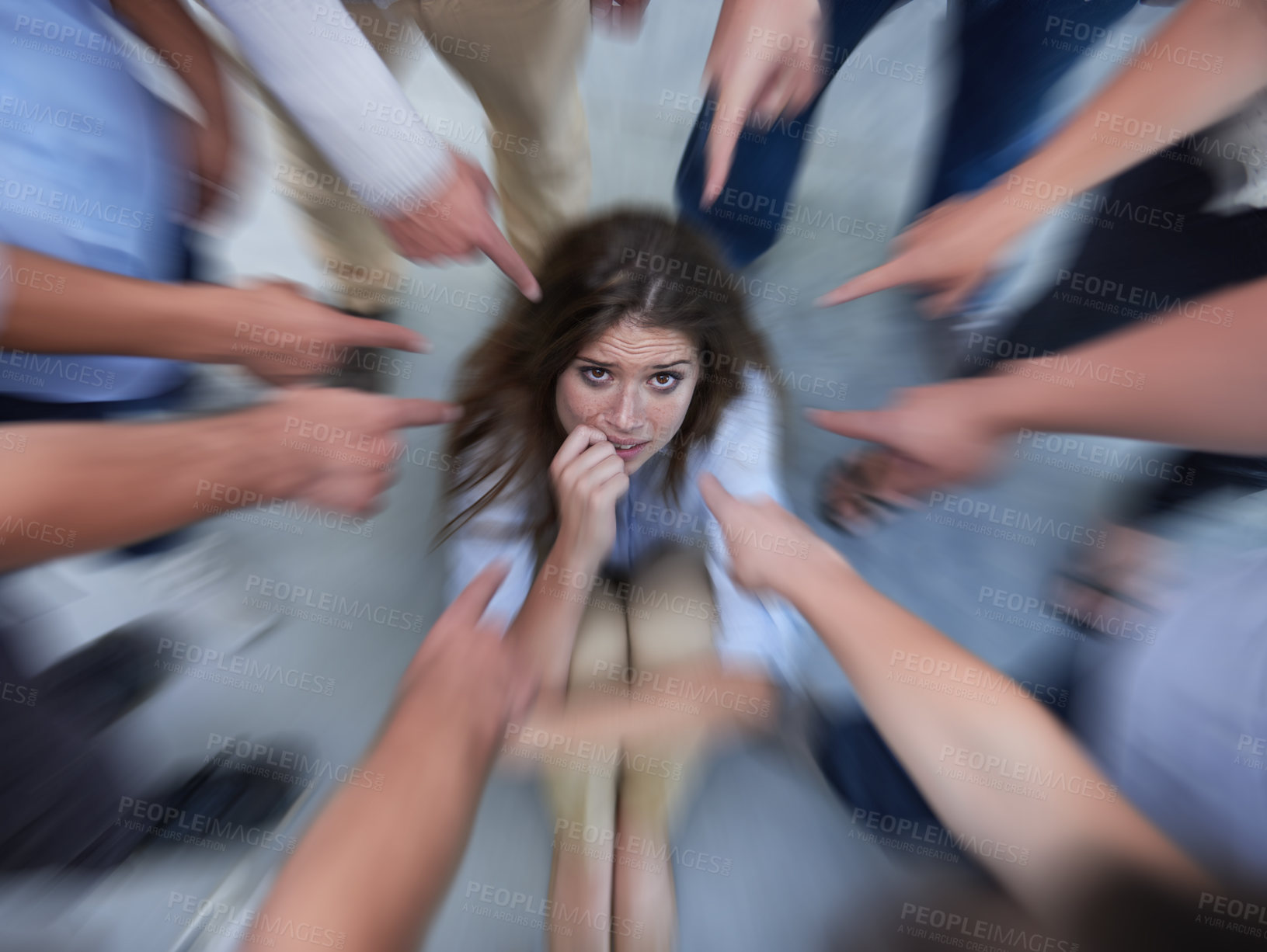 Buy stock photo Fear, pointing blame and woman guilt with social anxiety and worker with teasing and failure. Above, female person and circle with fingers point to scared employee with stress and peer pressure 