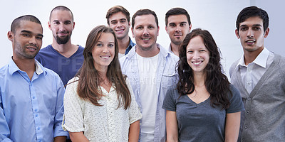 Buy stock photo Portrait, people and coworker at office with smile for teamwork and satisfied in startup company. Diverse group, colleagues and happy at work with business growth, development as collective.