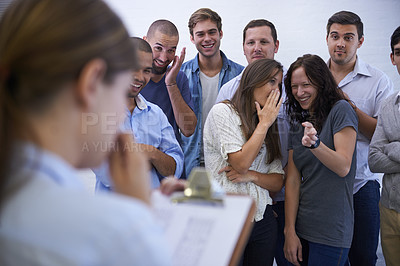 Buy stock photo Business, bullying and people laughing at woman with clipboard for presentation, mistake or anxiety. Corporate, judgment and team mock female manager with documents for new job, speech or bad idea