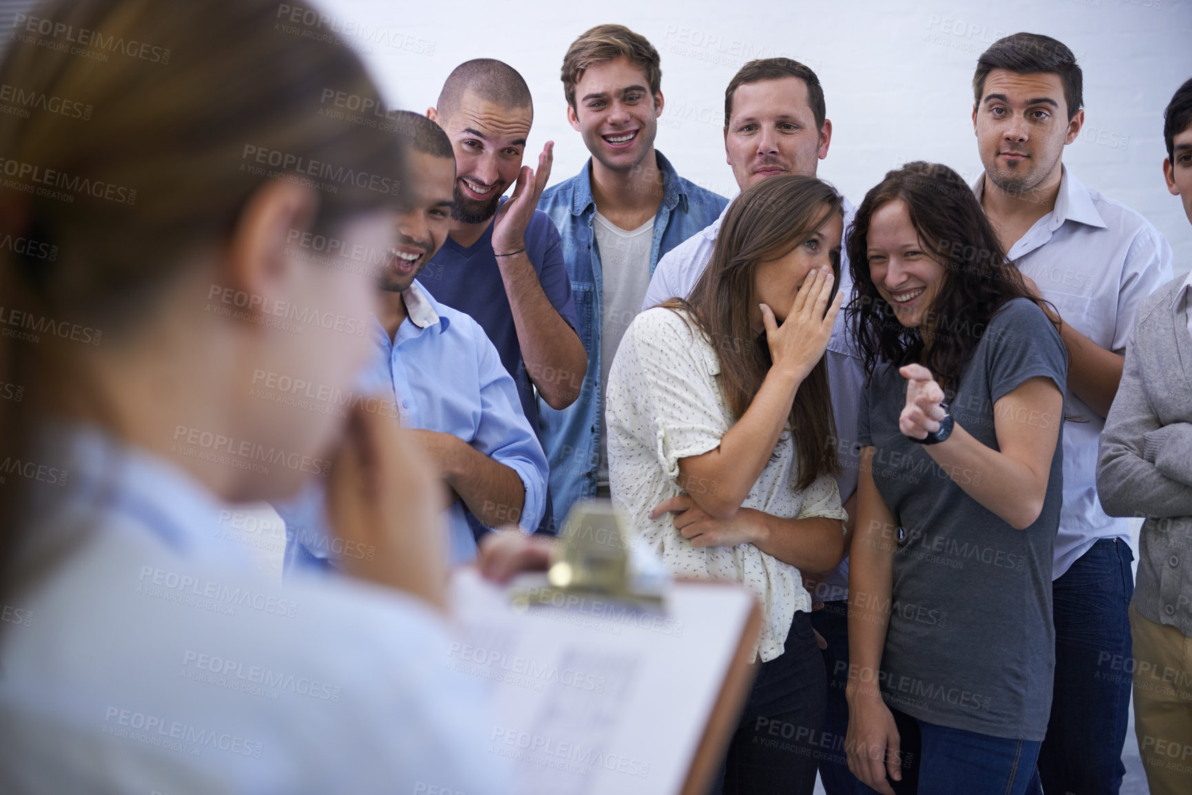 Buy stock photo Business, bullying and people laughing at woman with clipboard for presentation, mistake or anxiety. Corporate, judgment and team mock female manager with documents for new job, speech or bad idea