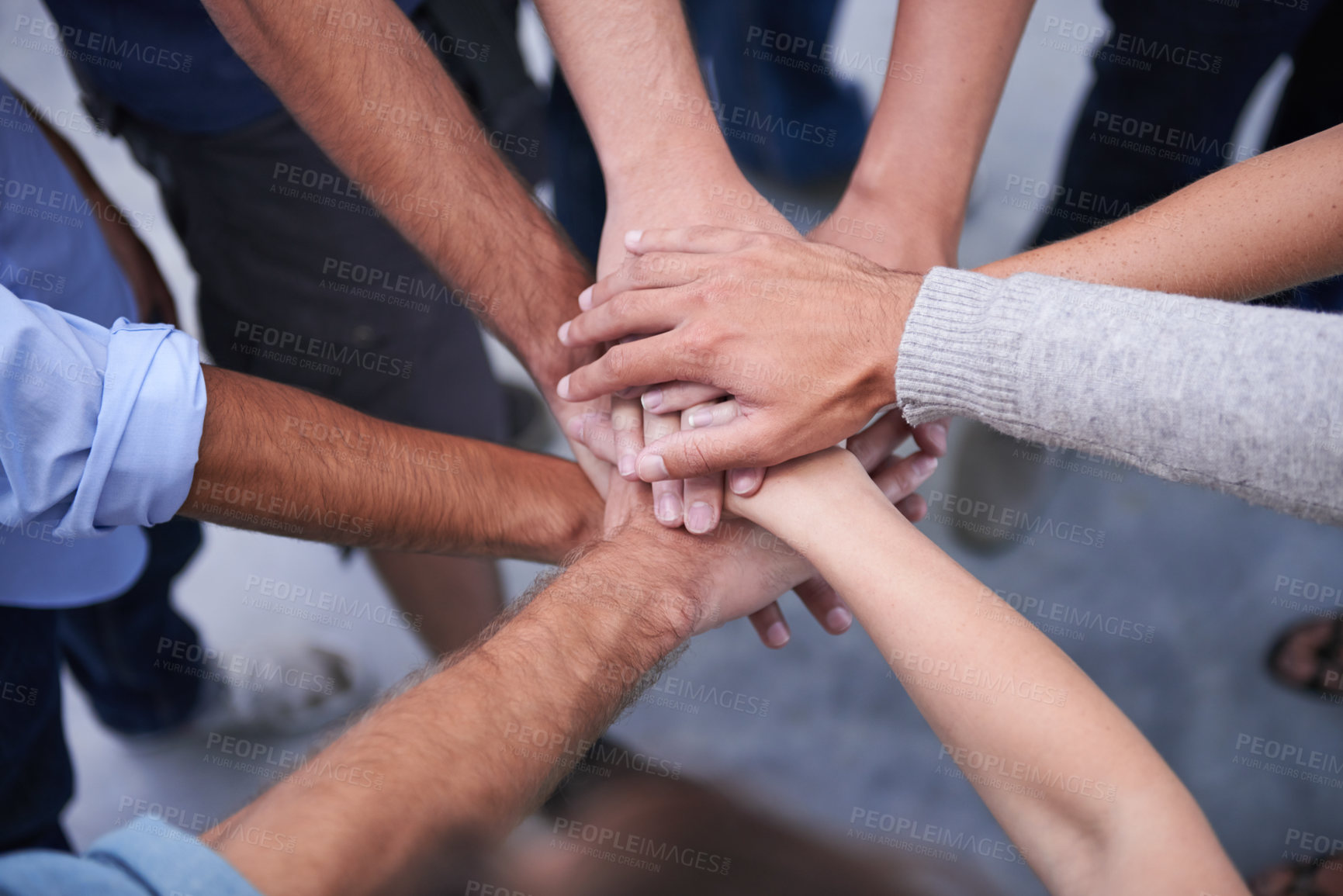 Buy stock photo Teamwork, hands and business people with top view of collaboration, partnership or cooperation. Support, unity and partners with finger stack for motivation, team building or success celebration