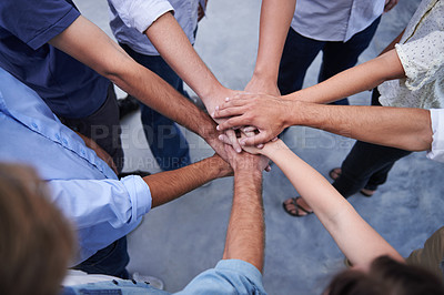 Buy stock photo Hands, teamwork and business people with top view of collaboration, partnership or cooperation. Support, unity and partners with finger stack for motivation, team building or success celebration