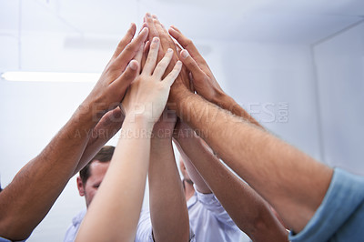 Buy stock photo Hands, teamwork and business people high five in office for collaboration, partnership or cooperation. Support, unity and partners with solidarity for motivation, team building or success celebration