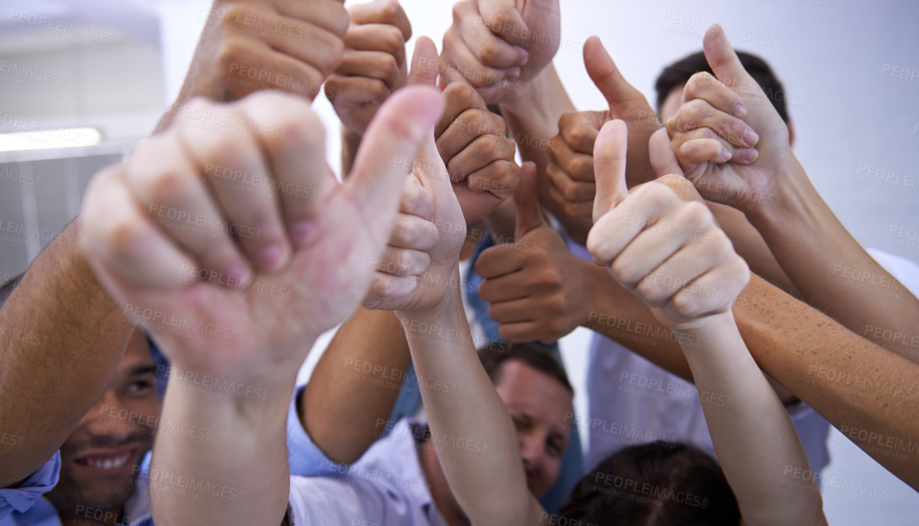 Buy stock photo Success, closeup and business people with thumbs up in office for support, motivation ot thank you gesture. Zoom, partnership and team with hands in solidarity for winning, goal or target achievement