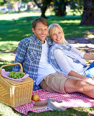 Buy stock photo Shot of an affectionate couple enjoying a picnic in the sun