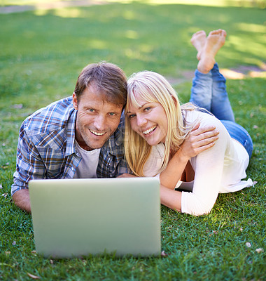 Buy stock photo Love, portrait or happy couple with laptop in nature for social media, video or streaming film outdoor. Computer, face or people online for show search, google it or Netflix and chill in a garden
