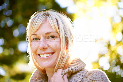 Buy stock photo Portrait, sunshine and woman with a smile, park and nature with weekend break and holiday. Face, happy person and outdoor with girl and summer with vacation and travel with peace, calm and confidence