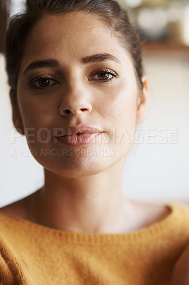 Buy stock photo Portrait, beauty and aesthetic with woman closeup at home to relax for natural wellness in morning. Face, skincare and cosmetics with casual or serious young person in apartment for dermatology
