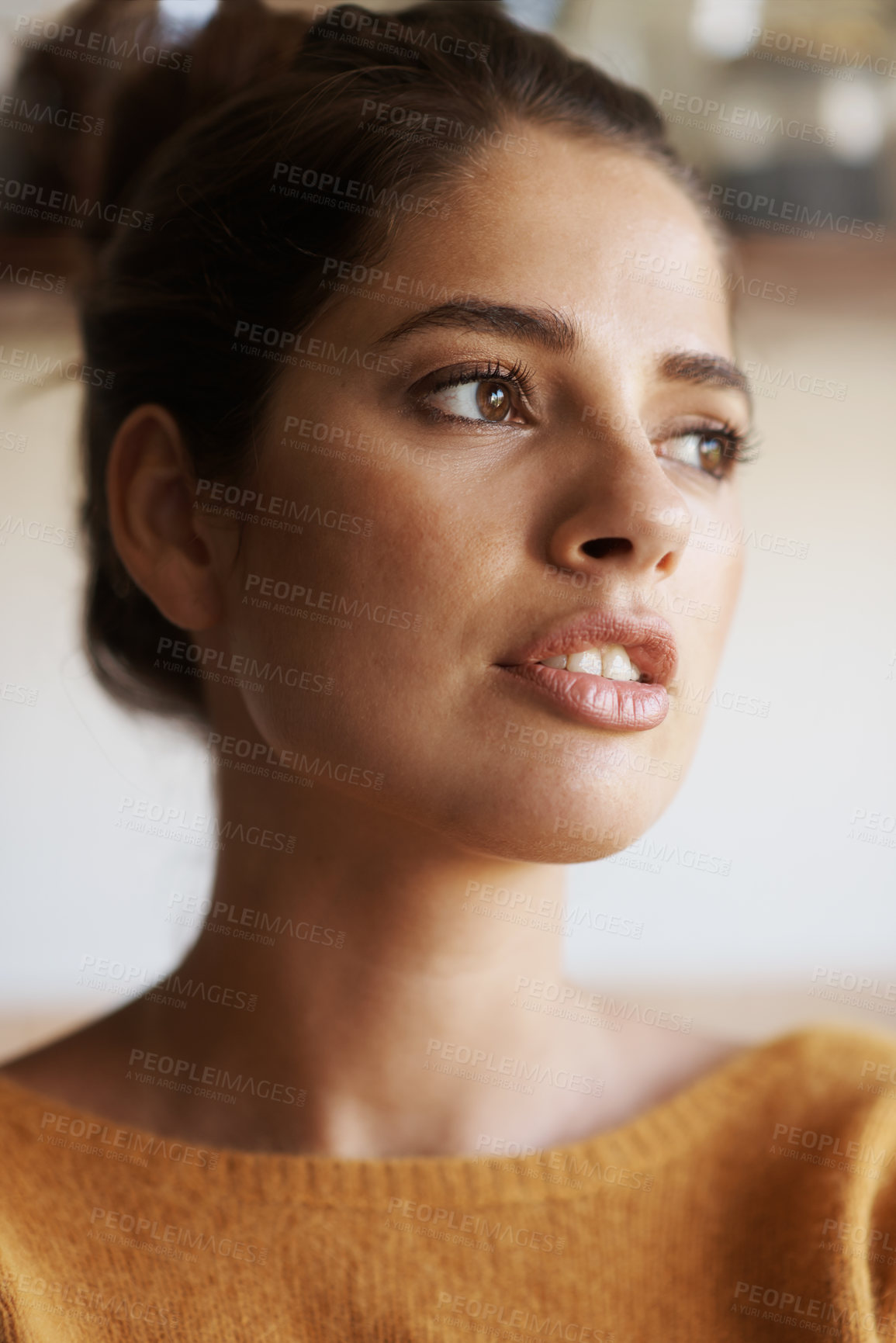 Buy stock photo Woman, thinking and morning in home with ideas for planning for future holiday. Person, relax and remember a calm vacation memory in mind of day in hotel, villa or girl in house in reflection