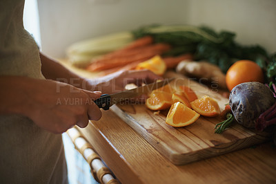 Buy stock photo Closeup, kitchen and fruits with woman, vegetables and chopping board with knife and salad. Person, vegan and chef with utensils and ingredients for lunch and supper with healthy meal and diet plan