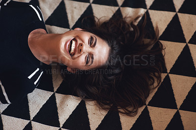 Buy stock photo Woman, lying or laugh in beauty, fashion and designer style as monochrome, abstract or aesthetic. Smile, female person and glow as luxury, pattern or texture of fabric in retro, vintage or above