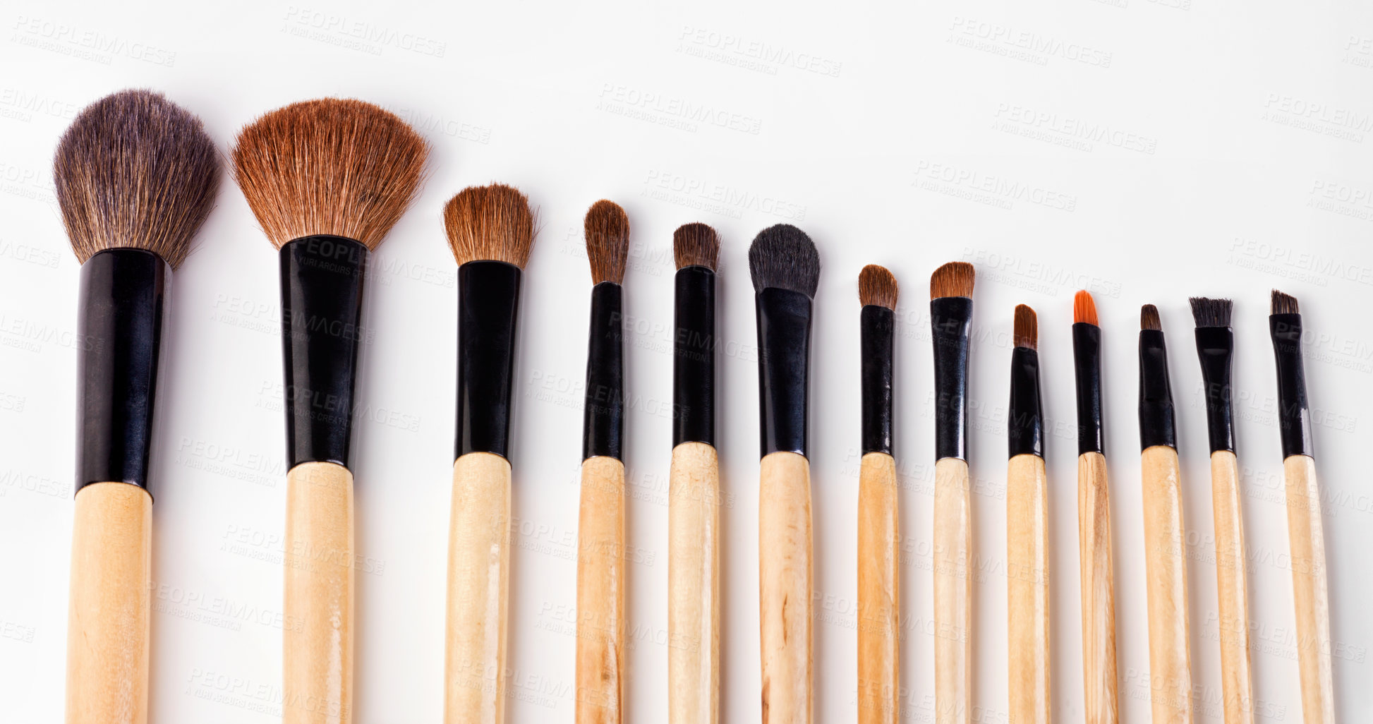 Buy stock photo Brush, collection and tools for makeup, beauty and cosmetics isolated on white background for creative career. Abstract, product and set of accessories for art, powder and skin care in studio