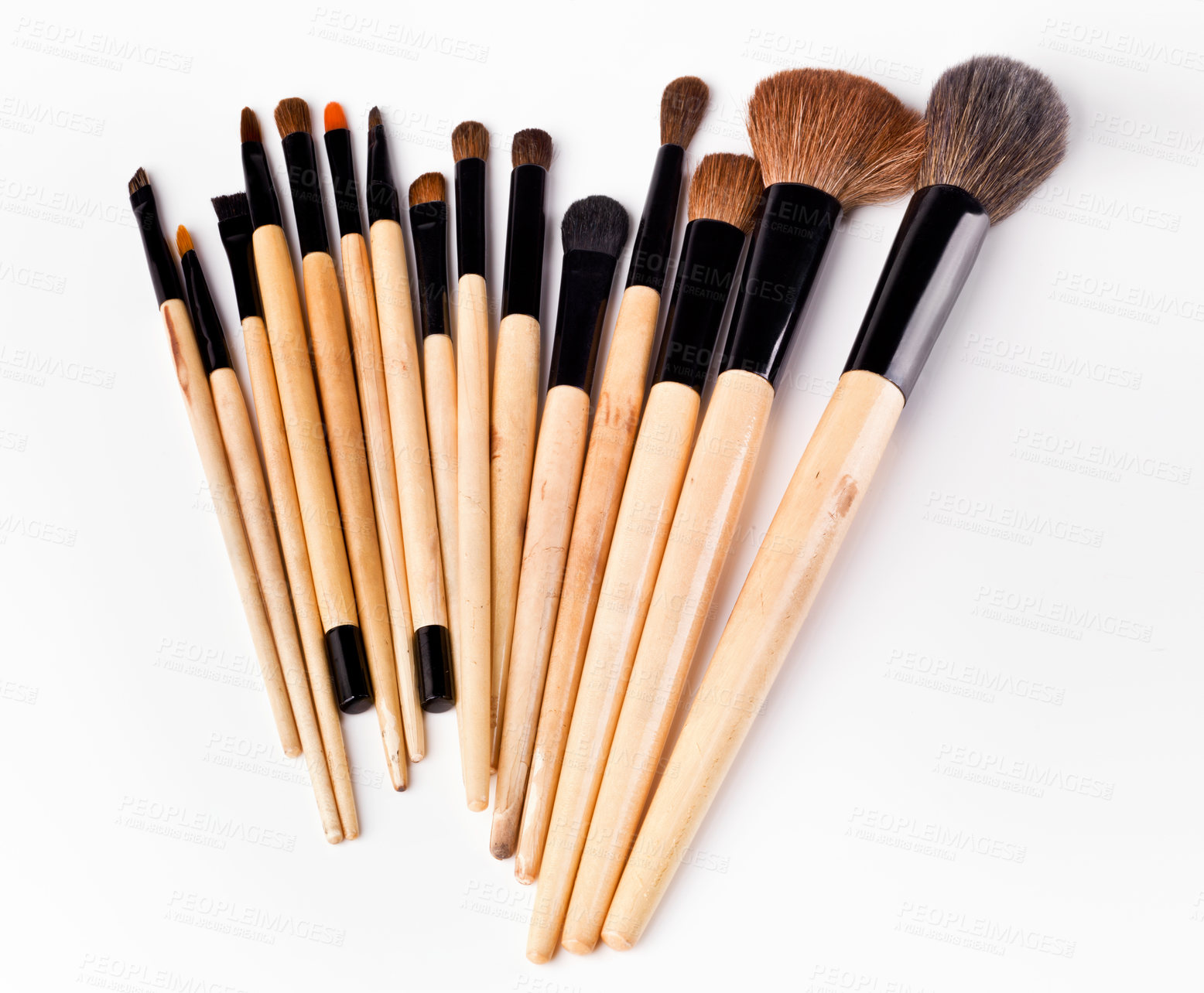 Buy stock photo Brush, group and tools for makeup, beauty and cosmetics isolated on white background for creative career. Abstract, product and set of accessories for art, powder and skin care in studio