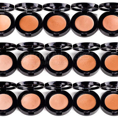 Buy stock photo Foundation, powder and makeup product for beauty with texture in container, studio and white background. Aesthetic, transformation and choice of shades or colour for application of cosmetics pallet