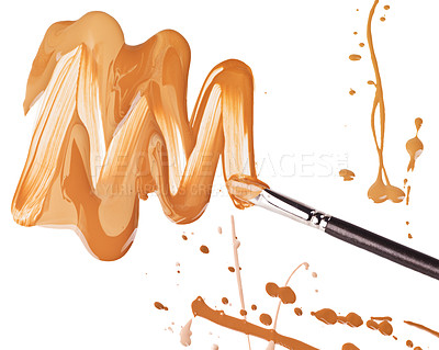 Buy stock photo Brush, stroke and liquid of makeup, cosmetic or foundation for beauty, color or creativity isolated on white background. Abstract, tools or smudge of product for concealer, art or skin care in studio