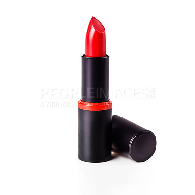 Buy stock photo Lipstick, makeup and red in studio for cosmetics, beauty and luxury product on white background. Closeup, aesthetic and dermatology for lip grooming, mockup space and sample in promo or advertising