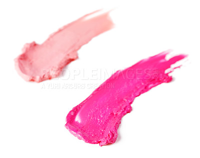 Buy stock photo Smeared, studio and isolated glossy lipstick, makeup and cosmetics on white background. Trendy, bright colour for creative beauty with artistic and texture smudged in beautiful vibrant pink shades