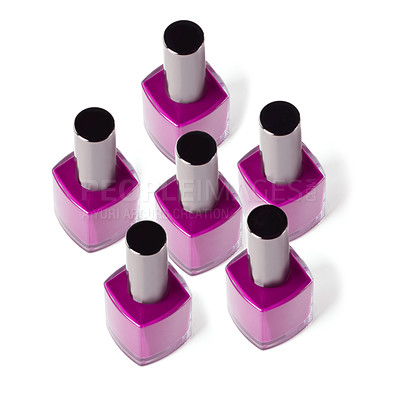 Buy stock photo Nail polish, purple and bottle on a white background for beauty, cosmetics and salon products. Cosmetology, luxury spa and isolated container with paint for manicure, pedicure and pamper in studio