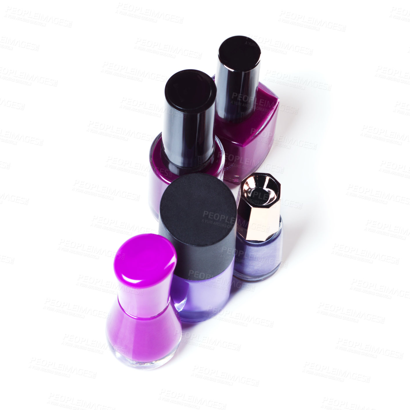 Buy stock photo Nail polish, color and purple paint on a white background for beauty, cosmetics and salon products. Cosmetology, luxury spa and isolated bottles for nails manicure, pedicure and pamper in studio