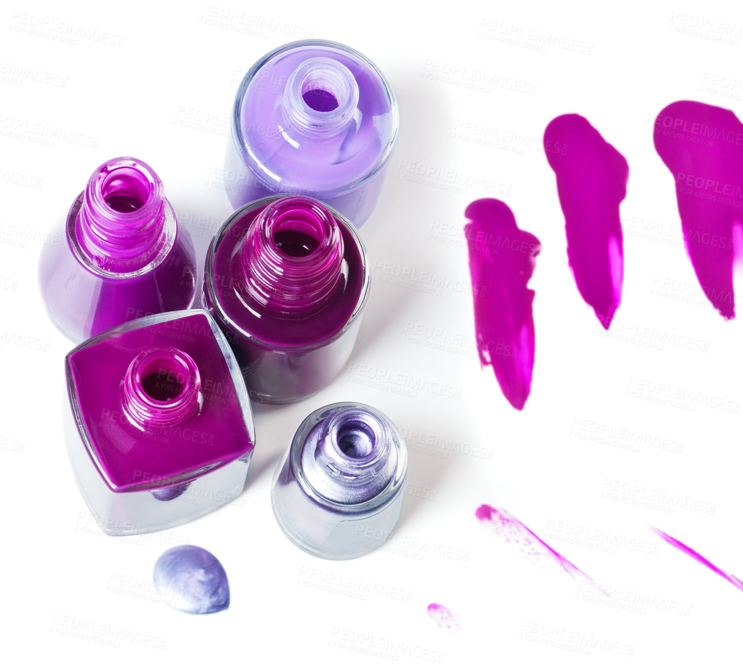 Buy stock photo Nail, polish or bottle to spill in cosmetics, hand care or beauty art as luxury, manicure or pedicure. Creative aesthetic, varnish or color paint pattern as liquid drip effect on white background
