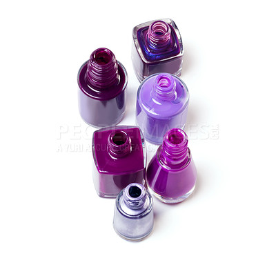 Buy stock photo Nail polish, purple color and bottle on a white background for beauty, cosmetics and salon products. Cosmetology, luxury spa and isolated jar for painting for manicure, pedicure and pamper in studio