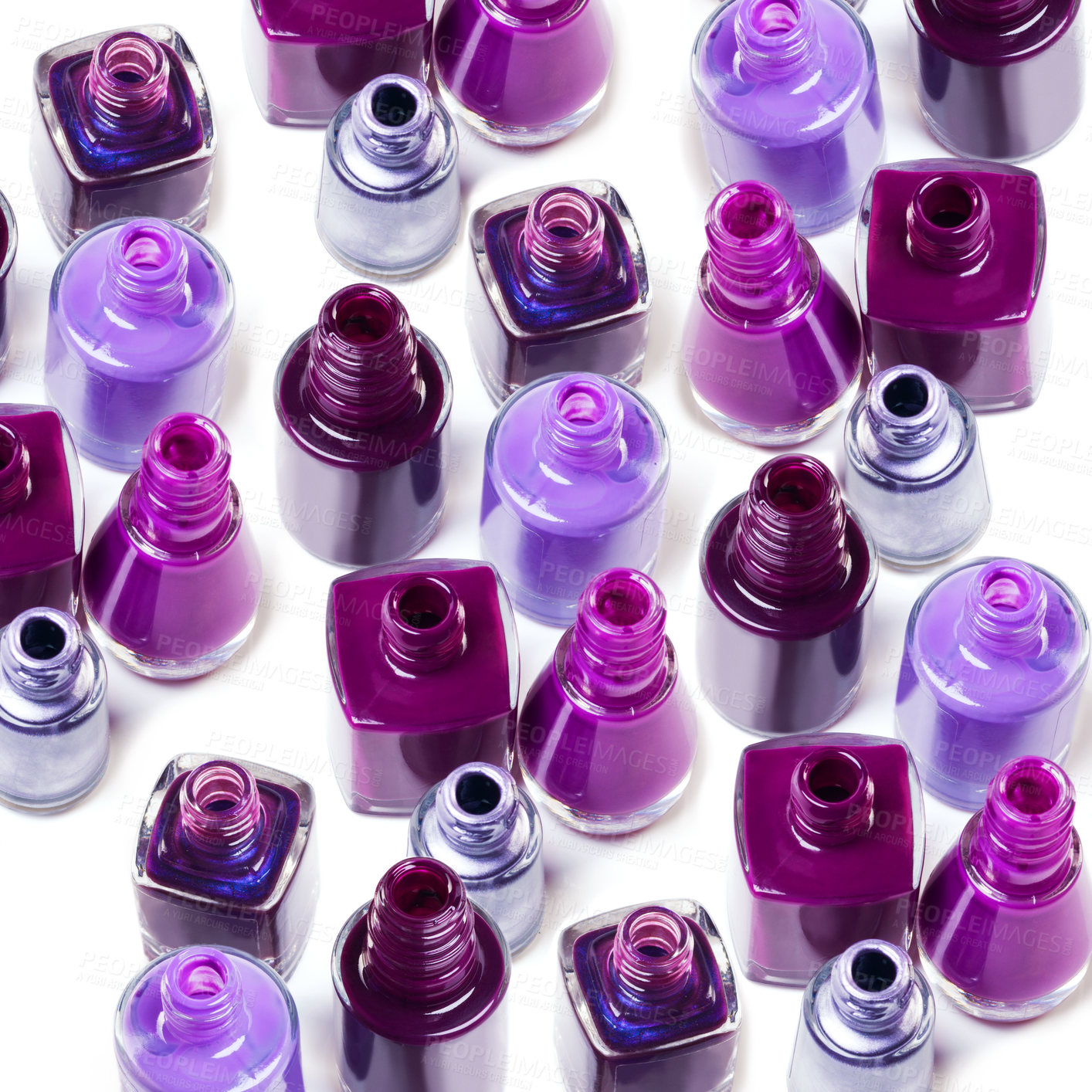 Buy stock photo Nail polish, purple aesthetic and bottle on a white background for beauty, cosmetics and salon products. Cosmetology, luxury spa and isolated color for manicure, pedicure and pamper nails in studio