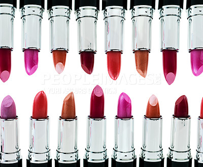 Buy stock photo Lipstick, collection and product for makeup, beauty and cosmetics isolated on white background for creativity. Abstract, tools and set of rouge for art, color and gloss with various shades in studio